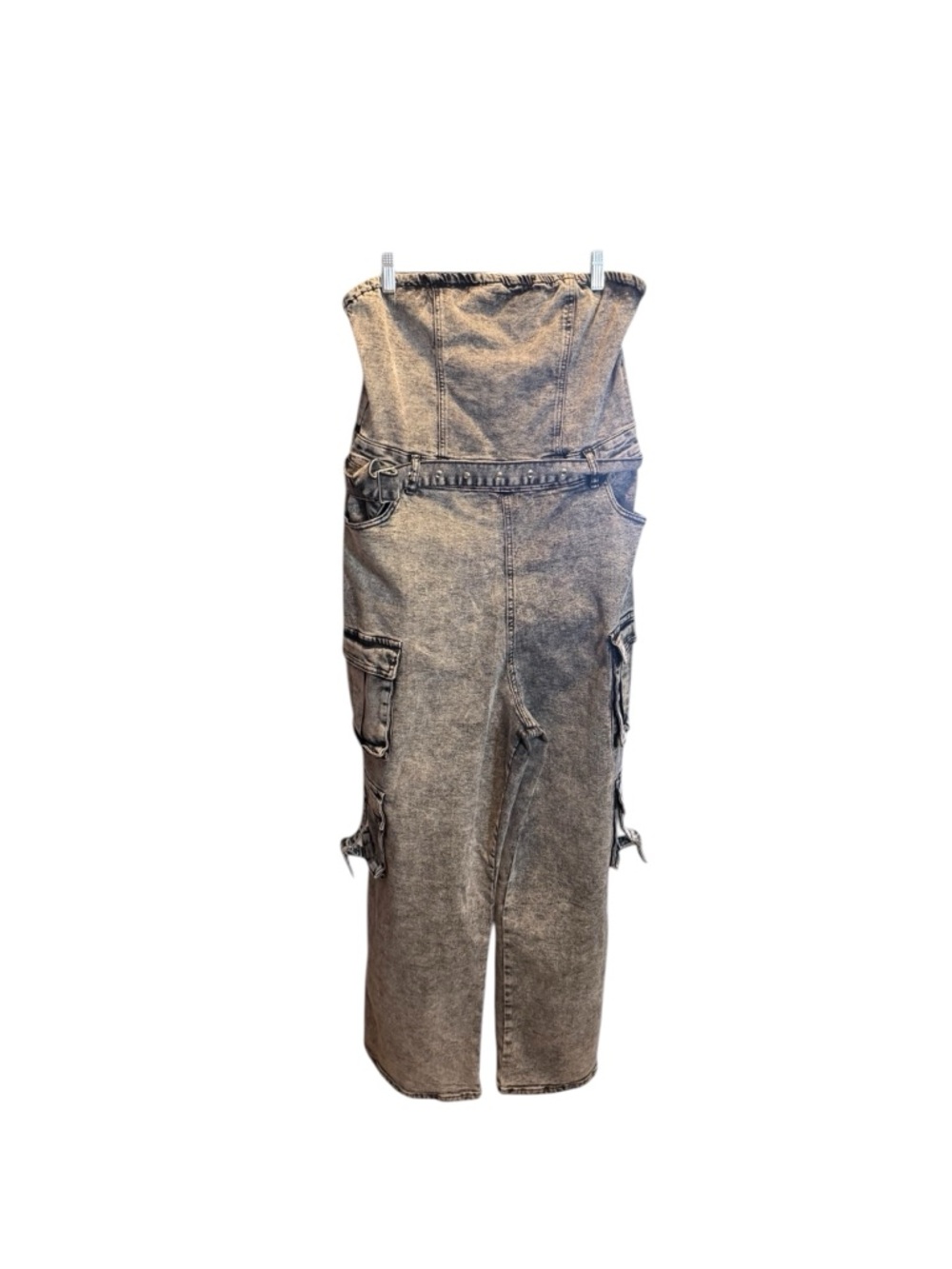 NWT 14/12 Strapless Denim Jumpsuit XL Acid Wash Wide Leg Cargo Pockets Chic - Picture 4 of 9